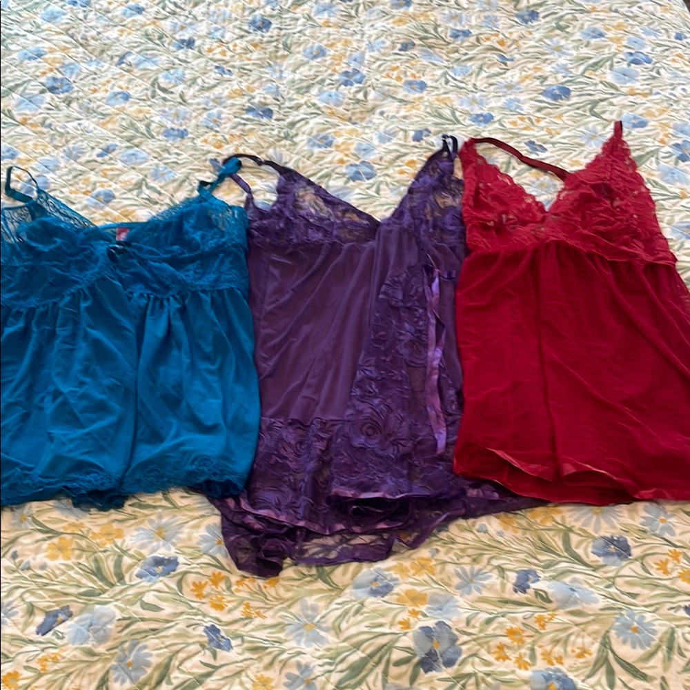 Adore Me Teal, Purple, and Red Lace Chemises Set